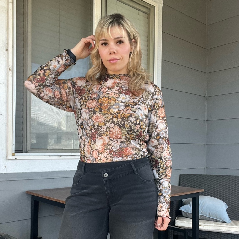 SHEIN Multi-Color Floral Sheer Long Sleeve Top